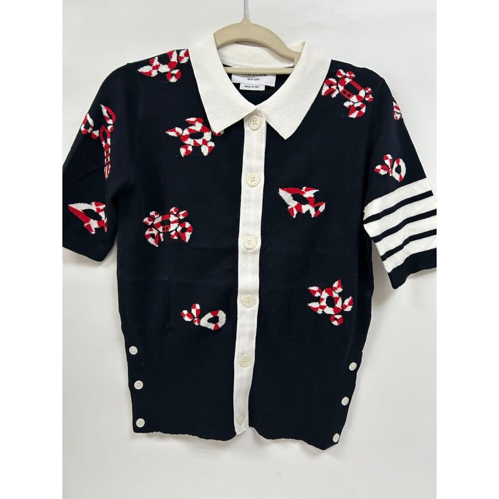 Thom Browne Women's T-shirt Lapel Short Sleeve Knitted Cardigan